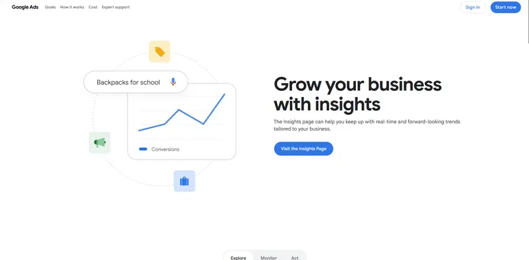 The Google Ads Insights page headed "Grow your business with insights", promising real-time and forward-looking trends, with a Visit the Insights Page button and an illustration of a "Backpacks for school" search feeding a rising Conversions line chart