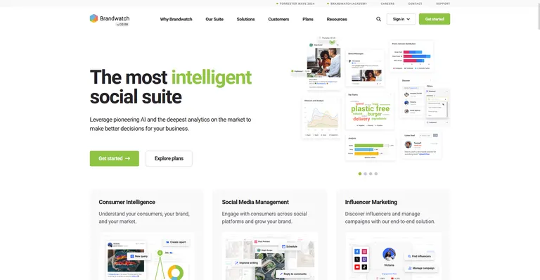 The Brandwatch by Cision homepage, headed "The most intelligent social suite", beside a collage of product panels showing post scheduling, a network distribution bar chart, a topic cloud and an audience filter list, with Consumer Intelligence, Social Media Management and Influencer Marketing cards below