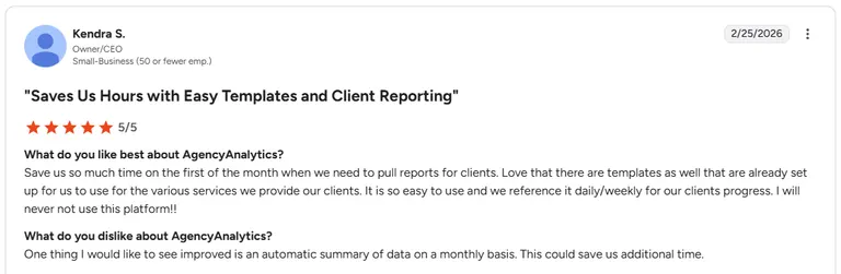 AgencyAnalytics G2 review - positive