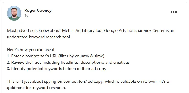 Roger Cooney post on LinkedIn about Google Ads Transparency Center