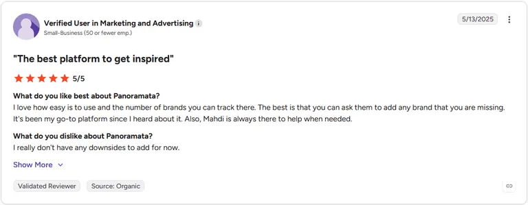 G2 review by a verified user in marketing and advertising rating Panoramata 5 out of 5 stars