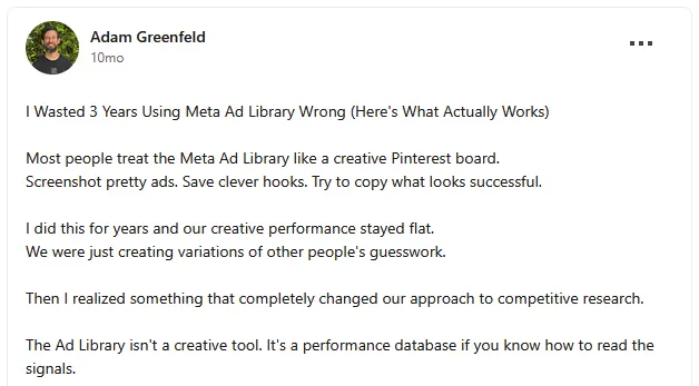 LinkedIn review of Meta Ad Library by Adam Greenfeld