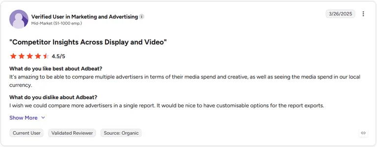 G2 review by a verified user in marketing and advertising rating Adbeat 4.5 out of 5 stars