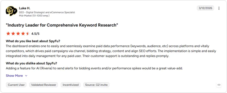 G2 review by Luke H., SEO Digital Strategist and eCommerce Specialist, rating SpyFu 4.5 out of 5 stars