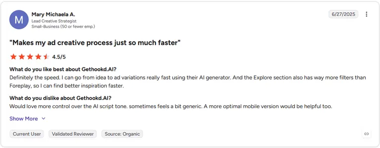 G2 review by Mary Michaela A., Lead Creative Strategist, rating Gethookd.AI 4.5 out of 5 stars