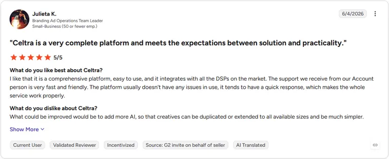 Review by Julieta K. on G2