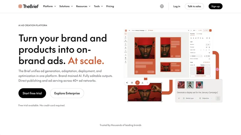 The Brief homepage, labelled AI ad creation platform and headlined Turn your brand and products into on-brand ads at scale, showing an ad editor resizing a January campaign into several formats and a prompt to generate a display set