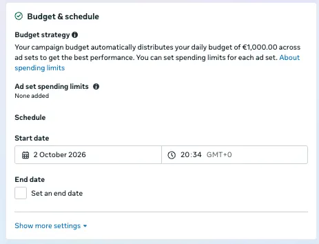 The Budget and schedule panel in Meta Ads Manager, showing a 1,000 euro daily campaign budget distributed across ad sets, a 2 October 2026 start date, and no end date set