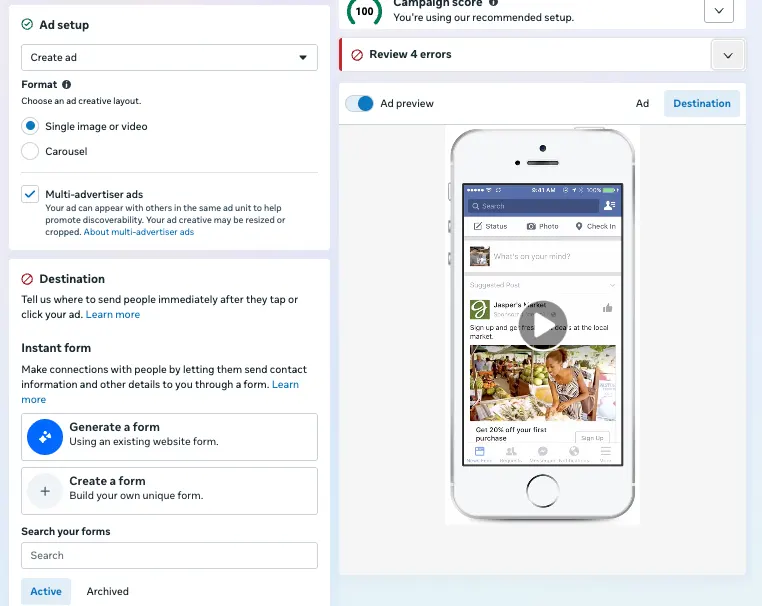 The Ad setup panel in Meta Ads Manager showing a single image or video format with multi-advertiser ads ticked and an instant form destination, beside a campaign score of 100 and a red Review 4 errors warning above the phone ad preview