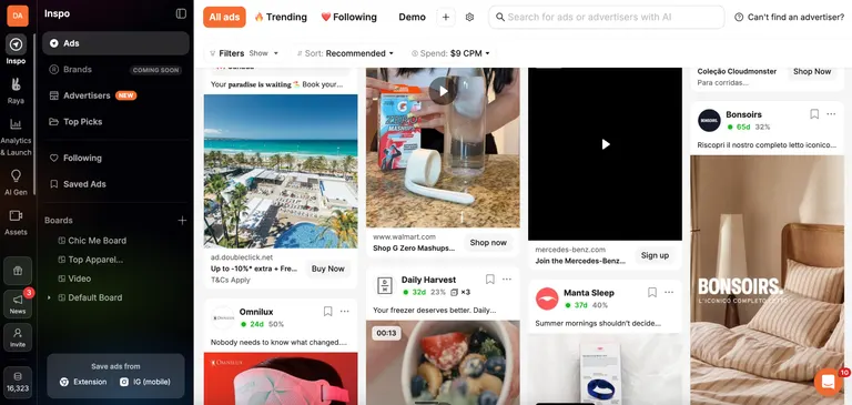 Atria's Inspo board showing a grid of competitor ads from Walmart, Daily Harvest, Mercedes-Benz, Bonsoirs, Omnilux and Manta Sleep, each with its days running and a percentage, filtered by a 9 dollar CPM spend sort