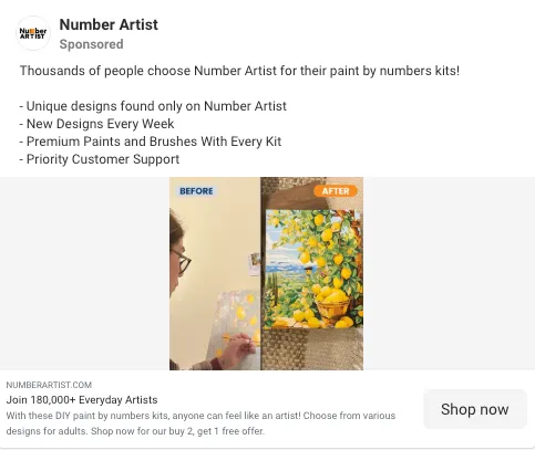 Number Artist ad using the BAB framework.