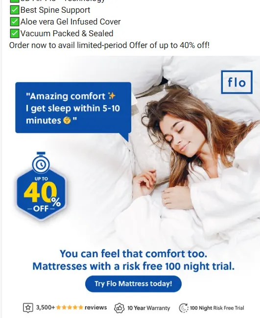 Flo Mattress ad using the social proof framework.