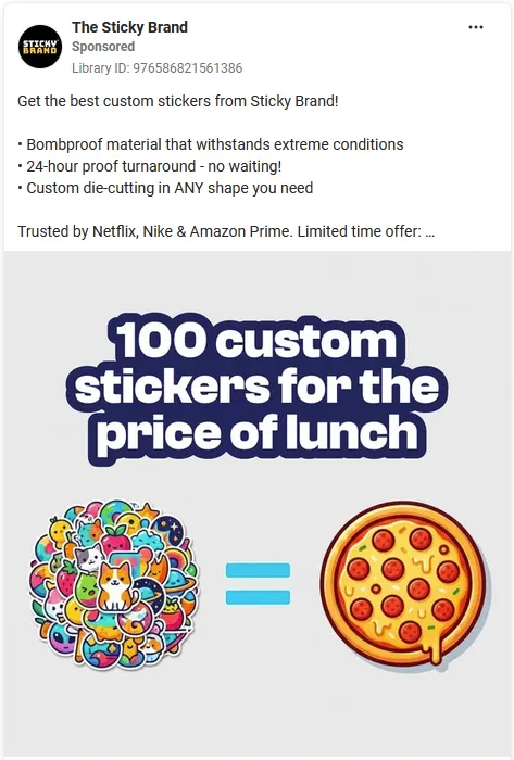 Screenshot of The Sticky Brand ad from the Meta Ad Library.