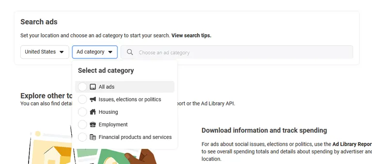 The Ad Library search panel with the ad category dropdown open, listing All ads, Issues elections or politics, Housing, Employment, and Financial products and services, with the country set to United States