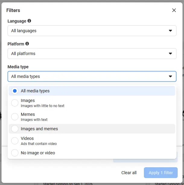 The Ad Library filters panel with the media type dropdown open, offering All media types, Images, Memes, Images and memes, Videos, and No image or video
