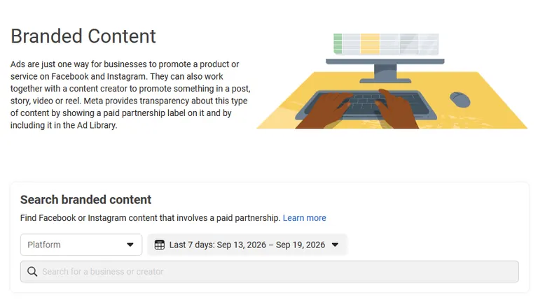 The Ad Library branded content section, explaining that Meta labels paid partnerships between businesses and creators, with a search box filtered to the last seven days