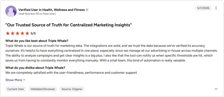 G2 review screenshot, verified user in Health, Wellness and Fitness, 5 out of 5 stars, on Triple Whale as a centralized source of truth for marketing data.