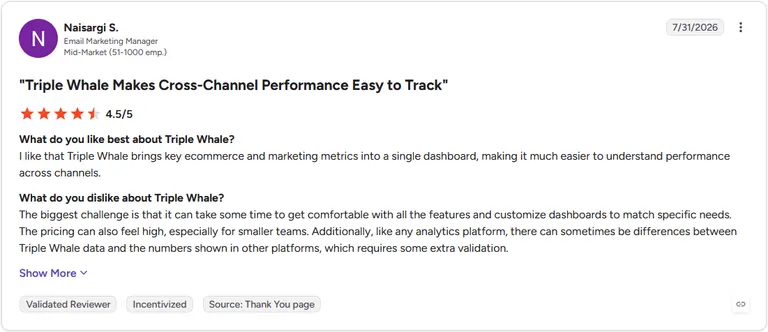 G2 review screenshot, Naisargi S., Email Marketing Manager, 4.5 out of 5 stars, on Triple Whale's learning curve and data discrepancies.