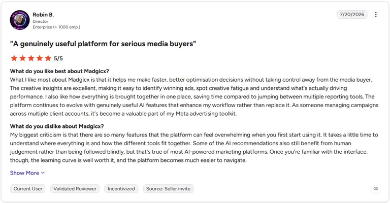 G2 review screenshot, Robin B., Director, Enterprise, 5 out of 5 stars, on Madgicx's learning curve for new users.