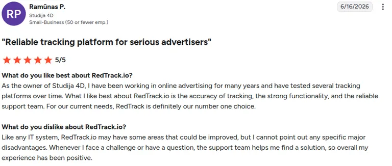 G2 review of RedTrack by Ramūnas P.