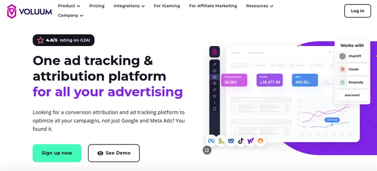 Screenshot of Voluum homepage.