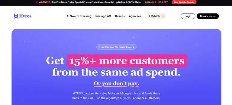 Screenshot of Hyros homepage.