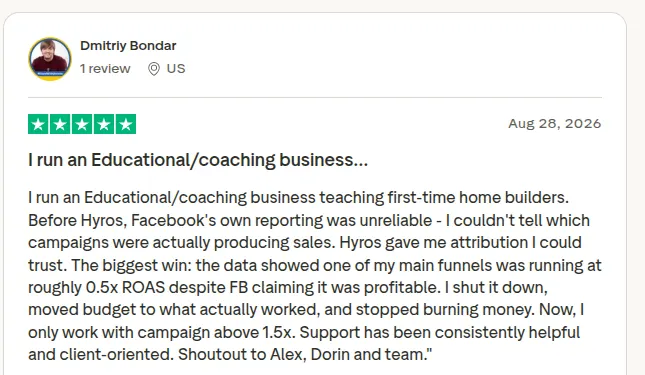 Trustpilot review of Hyros by Dmitriy Bondar.