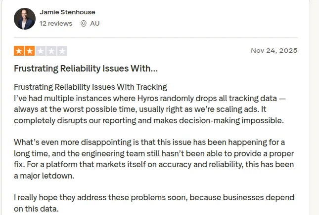 Trustpilot review of Hyros by Jamie Stenhouse.