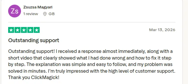 Trustpilot review of ClickMagick by Zsuzsa Magyari.