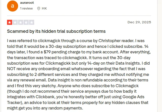 Trustpilot review of ClickMagick by auraroot.