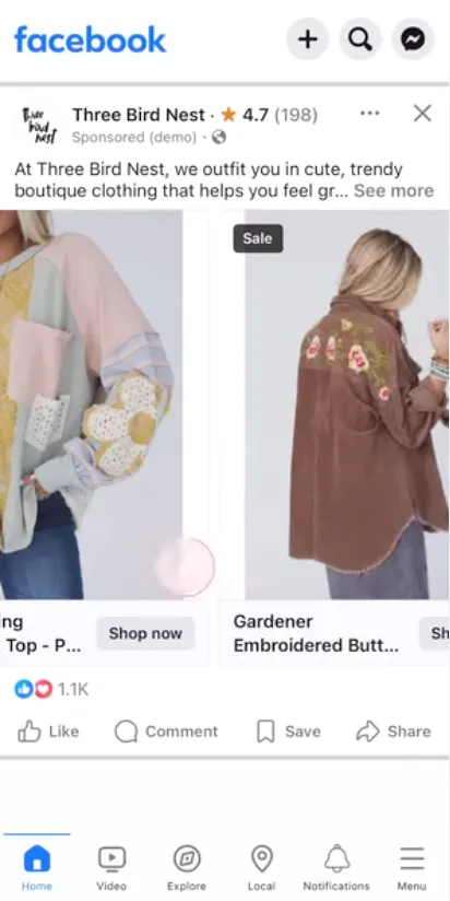 A Three Bird Nest dynamic catalog ad in the mobile Facebook feed, carrying a 4.7 star rating from 198 reviews, with two product cards side by side: a floral embroidered top with a Shop now button, and a brown Gardener Embroidered Button-up carrying a Sale badge pulled straight from the catalog