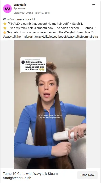 A Wavytalk image ad in the Meta Ad Library, leading with two customer quotes praising the comb, over a photo of a woman using the Steamline Pro straightener brush with a reply comment overlaid