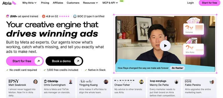 Atria's homepage, showing its creative intelligence platform for Meta ads
