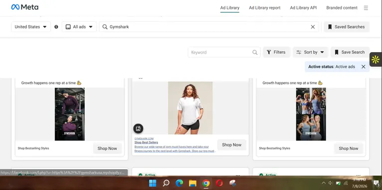 Meta Ad Library grid of active Gymshark ads