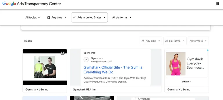Google Ads Transparency Center results for Gymshark