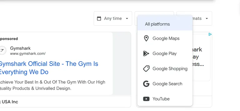 Google Ads Transparency Center filtered by platform and time