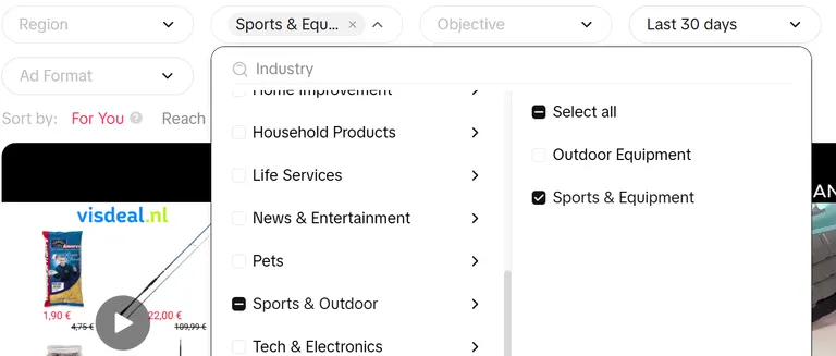 TikTok Creative Center industry filter set to Sports and Equipment