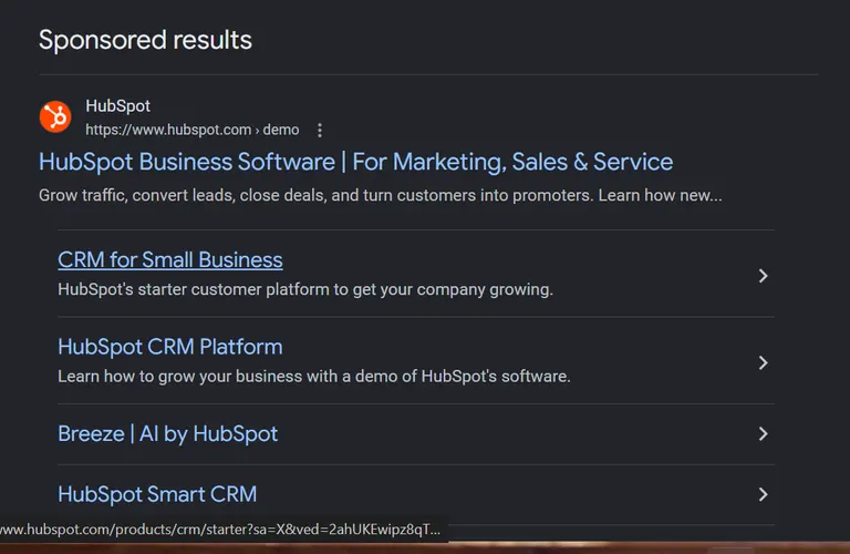 Google search results showing a HubSpot search ad