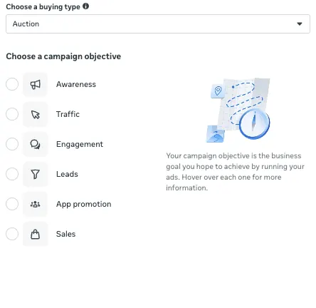 The campaign objective window in Meta Ads Manager