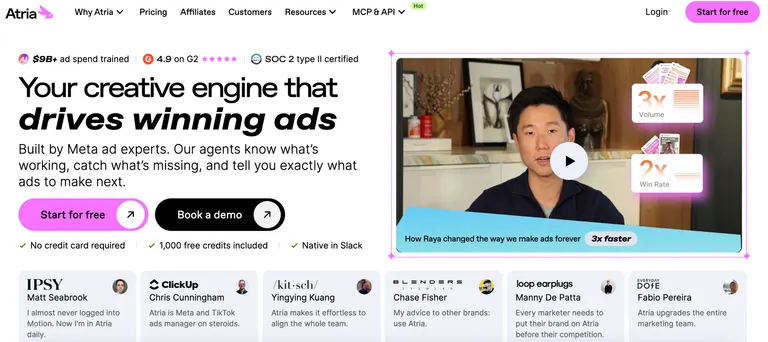 Atria's homepage, showing its creative intelligence platform for Meta ads