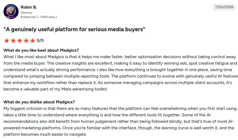 A five-star G2 review from Robin B., a director at an enterprise managing multiple client accounts, titled A genuinely useful platform for serious media buyers, praising the creative insights but noting the platform feels overwhelming at first and takes time to learn