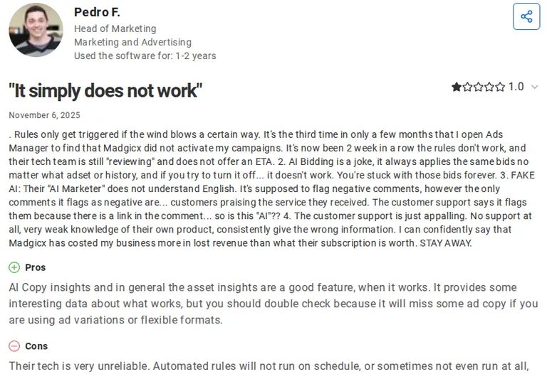 A one-star Capterra review from Pedro F., a head of marketing who used Madgicx for one to two years, titled It simply does not work, reporting that automated rules repeatedly failed to activate his campaigns and that support was unresponsive