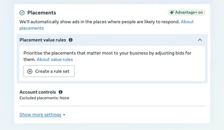 The placement settings box inside a Meta ad set