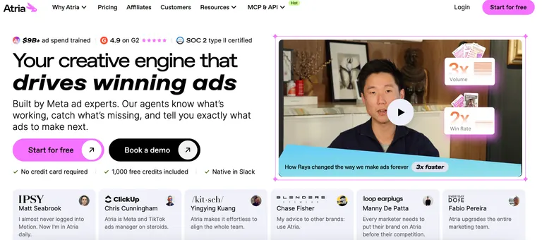 Atria's homepage, showing its creative intelligence platform for Meta ads