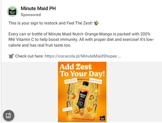 Minute Maid ad example from Meta ad library.