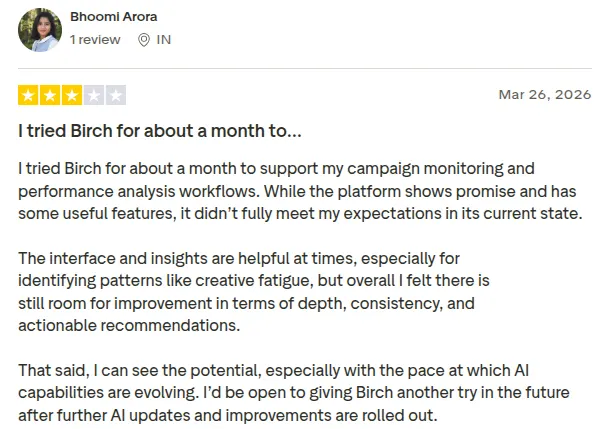 Birch review on Trustpilot by Bhoomi Arora.