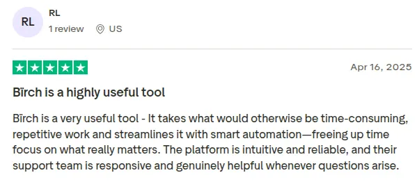 Birch review on Trustpilot by RL.