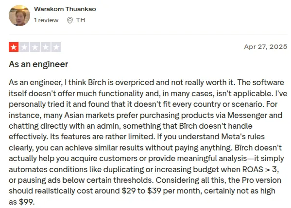 Birch review on Trustpilot by Warakorn Thuankao.